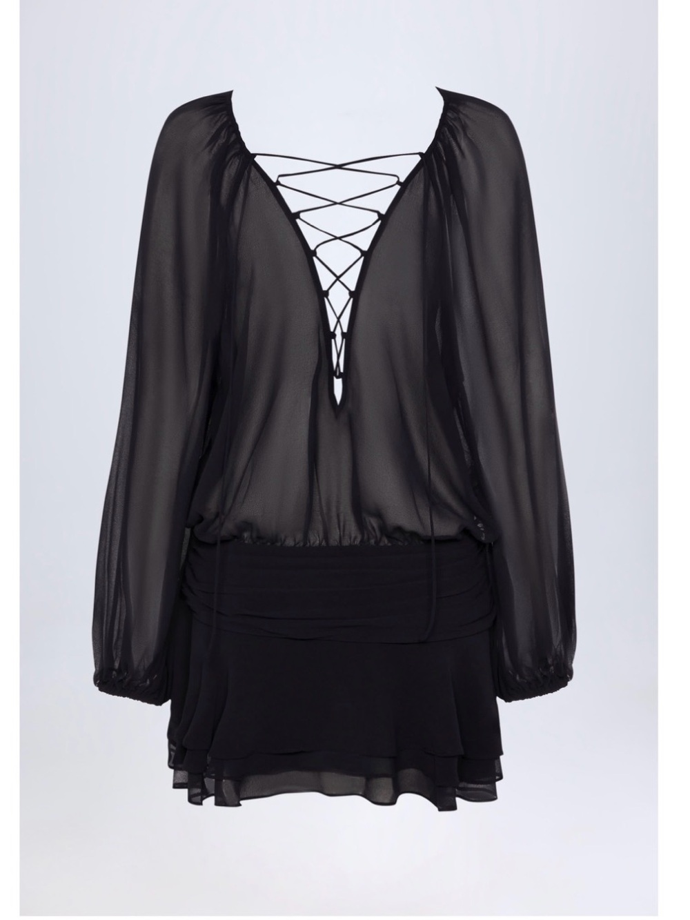 oh POLLY Black Lace-Up Sheer Peasant Blouse Dress new with tag